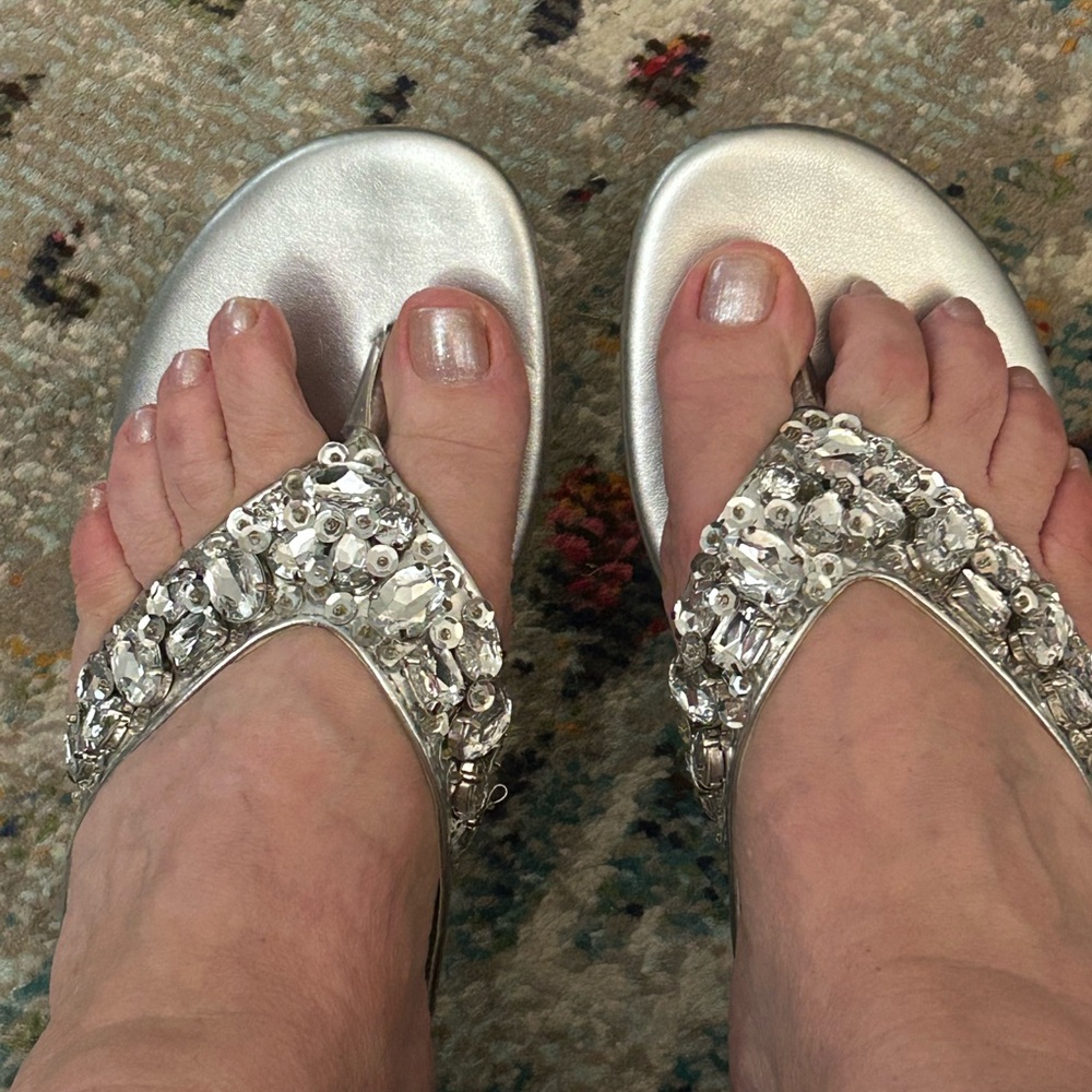 Mila Paoli Silver Stiletto Sandals with Crystal Embellishments